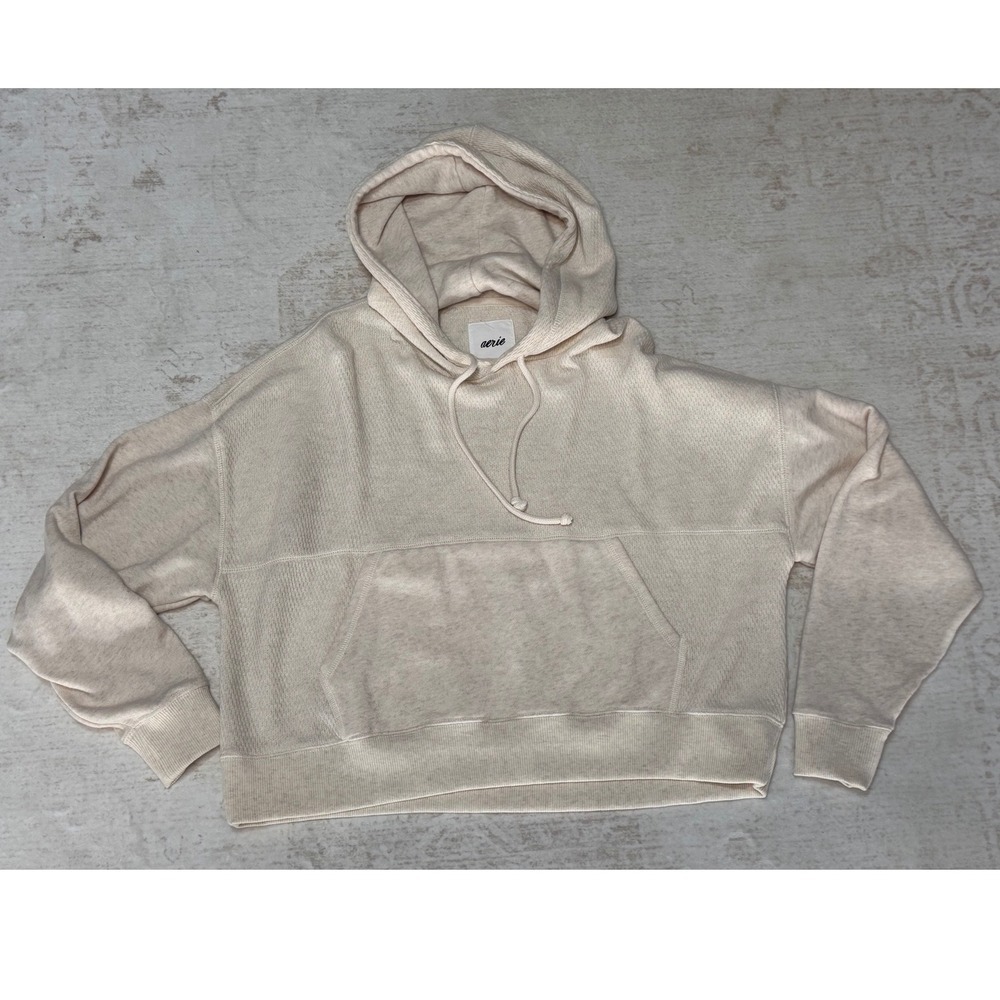 Aerie Womens Cream Waffle Knit Pullover Hoodie Oatmeal Relaxed Crop Sweatshirt M